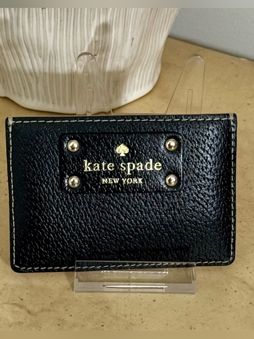 kate spade Black Leather Card & Key Holder with Gold Logo